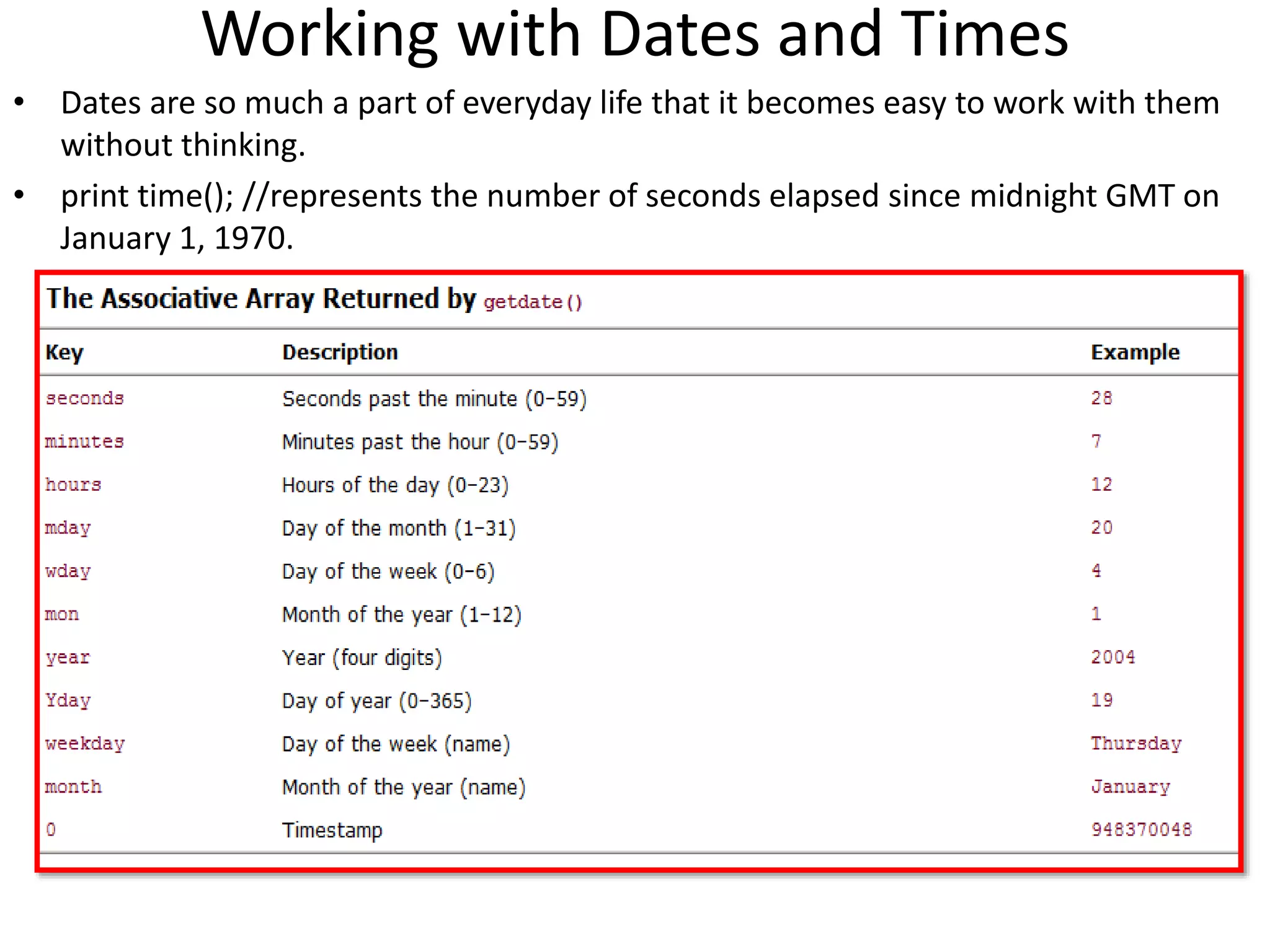 Working with Dates and Times
• Dates are so much a part of everyday life that it becomes easy to work with them
without thinking.
• print time(); //represents the number of seconds elapsed since midnight GMT on
January 1, 1970.
 
