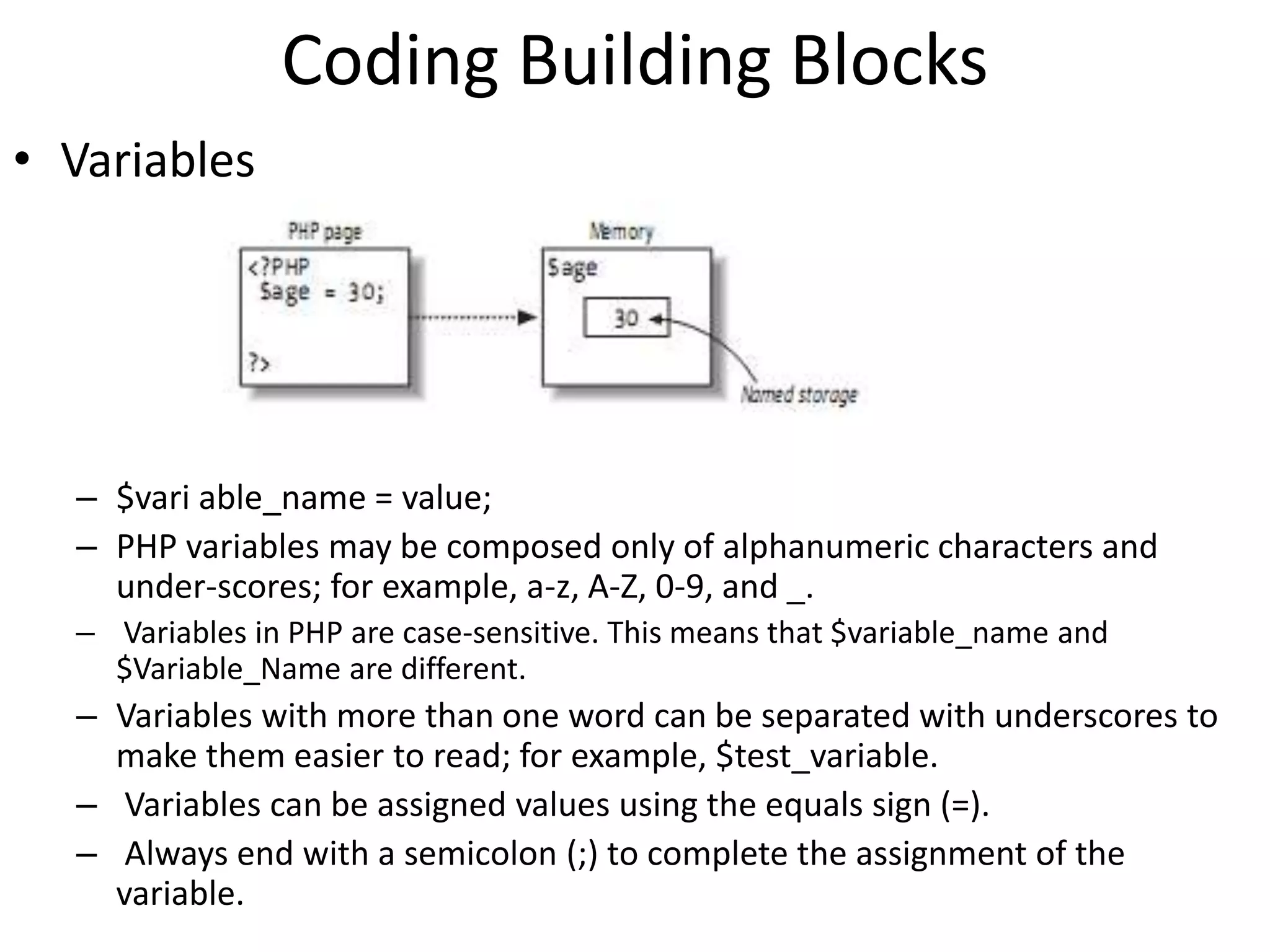 Coding Building Blocks
• Variables
– $vari able_name = value;
– PHP variables may be composed only of alphanumeric characters and
under-scores; for example, a-z, A-Z, 0-9, and _.
– Variables in PHP are case-sensitive. This means that $variable_name and
$Variable_Name are different.
– Variables with more than one word can be separated with underscores to
make them easier to read; for example, $test_variable.
– Variables can be assigned values using the equals sign (=).
– Always end with a semicolon (;) to complete the assignment of the
variable.
 