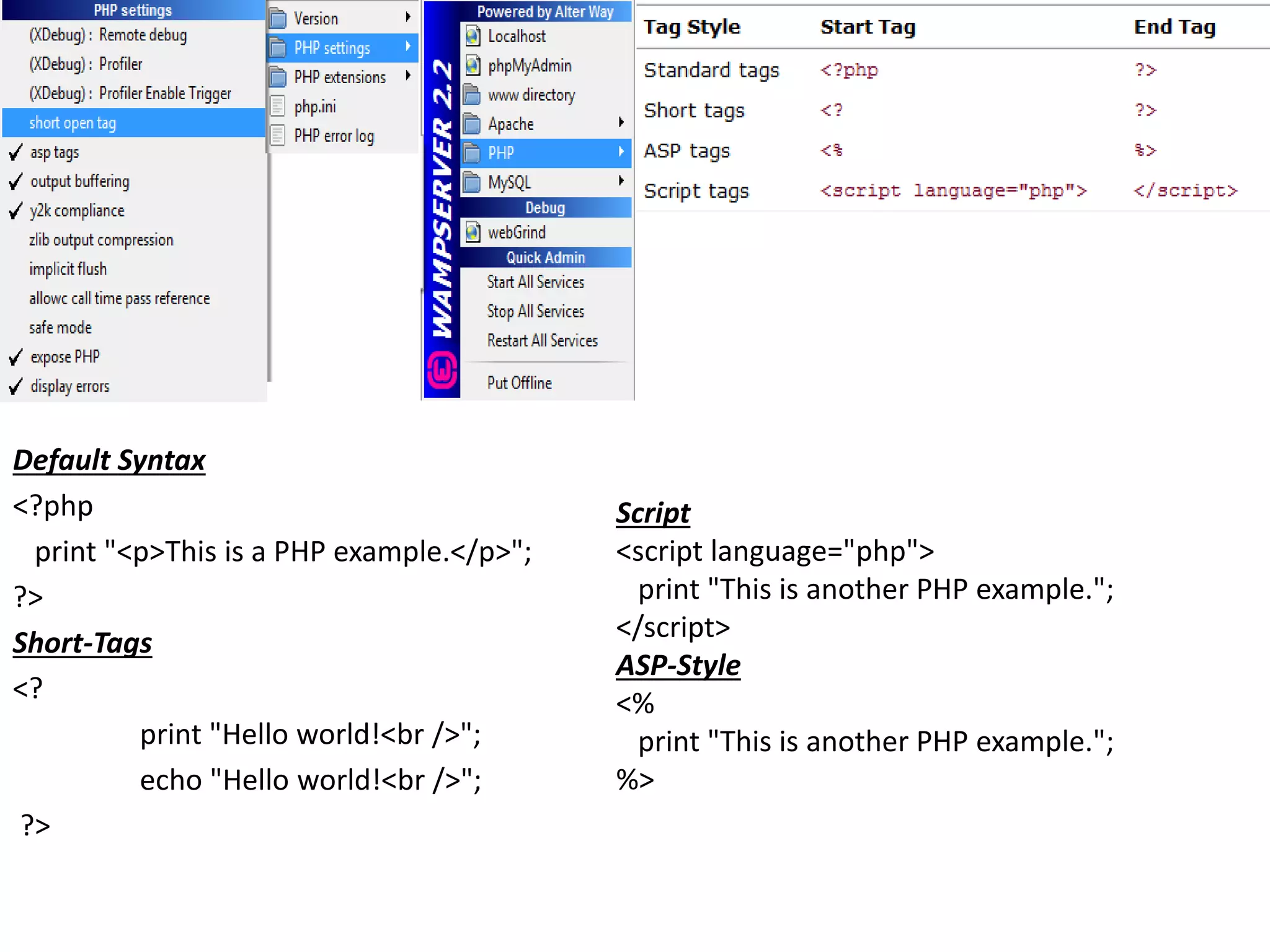 Default Syntax
<?php
print "<p>This is a PHP example.</p>";
?>
Short-Tags
<?
print "Hello world!<br />";
echo "Hello world!<br />";
?>
Script
<script language="php">
print "This is another PHP example.";
</script>
ASP-Style
<%
print "This is another PHP example.";
%>
 