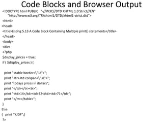 Code Blocks and Browser Output
<!DOCTYPE html PUBLIC "-//W3C//DTD XHTML 1.0 Strict//EN"
"http://www.w3.org/TR/xhtml1/DTD/xhtml1-strict.dtd">
<html>
<head>
<title>Listing 5.13 A Code Block Containing Multiple print() statements</title>
</head>
<body>
<div>
<?php
$display_prices = true;
if ( $display_prices ) {
print "<table border="1">";
print "<tr><td colspan="3">";
print "todays prices in dollars";
print "</td></tr><tr>";
print "<td>14</td><td>32</td><td>71</td>";
print "</tr></table>";
}
Else
{ print “KJDF”;}
?>
 