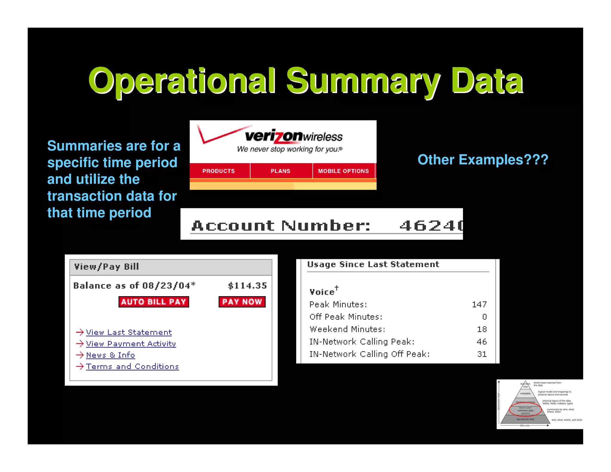 Operational Summary Data
Summaries are for a
specific time period    Other Examples???
and utilize the
transaction data for
that time period
 