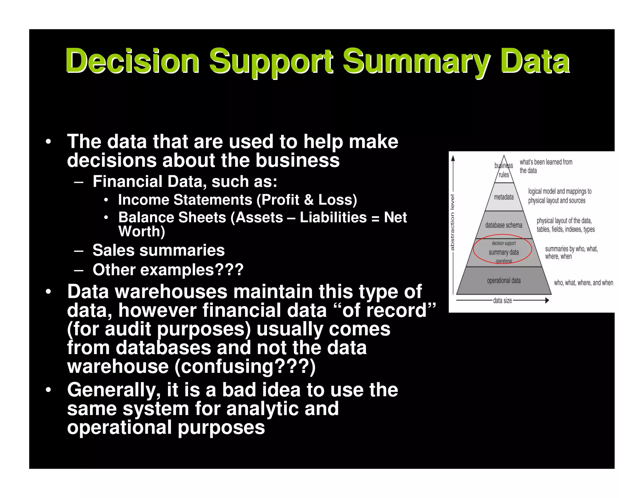 Decision Support Summary Data

• The data that are used to help make
  decisions about the business
   – Financial Data, such as:
      • Income Statements (Profit & Loss)
      • Balance Sheets (Assets – Liabilities = Net
        Worth)
   – Sales summaries
   – Other examples???
• Data warehouses maintain this type of
  data, however financial data “of record”
  (for audit purposes) usually comes
  from databases and not the data
  warehouse (confusing???)
• Generally, it is a bad idea to use the
  same system for analytic and
  operational purposes
 
