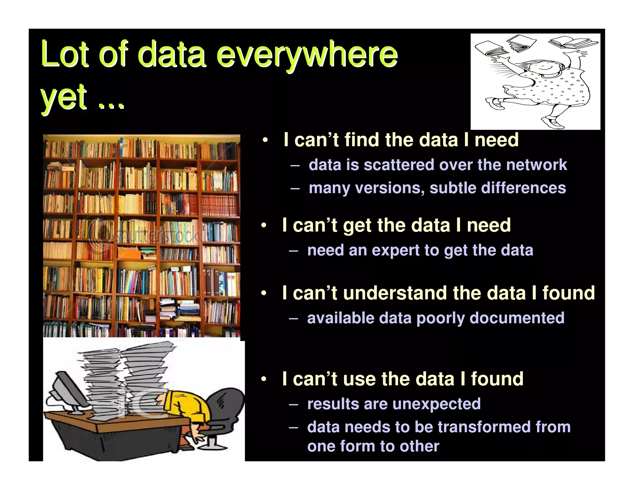 Lot of data everywhere
yet ...
             • I can’t find the data I need
                – data is scattered over the network
                – many versions, subtle differences

             • I can’t get the data I need
                – need an expert to get the data

             • I can’t understand the data I found
                – available data poorly documented


             • I can’t use the data I found
                – results are unexpected
                – data needs to be transformed from
                  one form to other
 