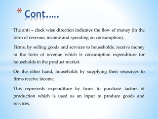 The anti – clock wise direction indicates the flow of money (in the
form of revenue, income and spending on consumption).
Firms, by selling goods and services to households, receive money
in the form of revenue which is consumption expenditure for
households in the product market.
On the other hand, households by supplying their resources to
firms receive income.
This represents expenditure by firms to purchase factors of
production which is used as an input to produce goods and
services.
* Cont.….
 