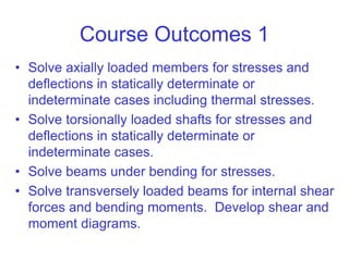 Course Outcomes 1
• Solve axially loaded members for stresses and
deflections in statically determinate or
indeterminate cases including thermal stresses.
• Solve torsionally loaded shafts for stresses and
deflections in statically determinate or
indeterminate cases.
• Solve beams under bending for stresses.
• Solve transversely loaded beams for internal shear
forces and bending moments. Develop shear and
moment diagrams.
 