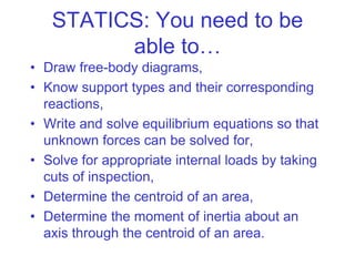 STATICS: You need to be
able to…
• Draw free-body diagrams,
• Know support types and their corresponding
reactions,
• Write and solve equilibrium equations so that
unknown forces can be solved for,
• Solve for appropriate internal loads by taking
cuts of inspection,
• Determine the centroid of an area,
• Determine the moment of inertia about an
axis through the centroid of an area.
 