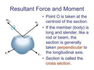 Resultant Force and Moment
• Point O is taken at the
centroid of the section.
• If the member (body) is
long and slender, like a
rod or beam, the
section is generally
taken perpendicular to
the longitudinal axis.
• Section is called the
cross section.
 