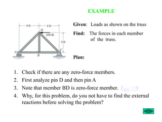 EXAMPLE
1. Check if there are any zero-force members.
2. First analyze pin D and then pin A
3. Note that member BD is zero-force member. FBD = 0
4. Why, for this problem, do you not have to find the external
reactions before solving the problem?
Given: Loads as shown on the truss
Find: The forces in each member
of the truss.
Plan:
 
