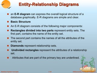 ©Silberschatz, Korth and Sudarshan
1.121
Database System Concepts
Entity-Relationship Diagrams
 an E-R diagram can express the overall logical structure of a
database graphically. E-R diagrams are simple and clear.
 Basic Structure
 An E-R diagram consists of the following major components:
 Rectangles divided into two parts represent entity sets. The
first part, contains the name of the entity set.
 The second part contains the names of all the attributes of the
entity set.
 Diamonds represent relationship sets.
 Undivided rectangles represent the attributes of a relationship
set.
 Attributes that are part of the primary key are underlined.
 