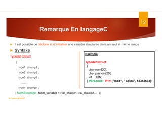 Remarque En langageC
12
 Il est possible de déclarer et d’initialiser une variable structurée dans un seul et même temps :
 Syntaxe
Typedef Struct
{
type1 champ1 ;
type2 champ2 ;
type3 champ3 ;
.....
typen champn ;
} NomStructure; Nom_variable = {val_champ1, val_champ2,… };
Exemple
Typedef Struct
{
char nom[20];
char prenom[20];
int CIN;
} Personne; P1= {"med", " selmi", 12345678};
Dr. Fadoua.BOUAFIF
 