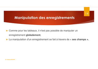 Manipulation des enregistrements
 Comme pour les tableaux, il n'est pas possible de manipuler un
enregistrement globalement,
 La manipulation d'un enregistrement se fait à travers de « ses champs ».
Dr. Fadoua.BOUAFIF
14
 