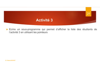 29
 Ecrire un sous-programme qui permet d’afficher la liste des étudiants de
l’activité 3 en utilisant les pointeurs
Activité 3
Dr. Fadoua.BOUAFIF
 