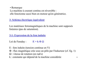 11
3- Schéma électrique équivalent
Les matériaux ferromagnétiques de la machine sont supposés
linéaires (pas de saturation).
3-1- Expression de la fem induite
Loi de Faraday : E = k ΦΦΦΦ ΩΩΩΩ
E : fem induite (tension continue en V)
Φ : flux magnétique crée sous un pôle par l'inducteur (cf. fig. 1)
Ω : vitesse de rotation (en rad/s)
k : constante qui dépend de la machine considérée
• Remarque
La machine à courant continu est réversible :
elle fonctionne aussi bien en moteur qu'en génératrice.
 