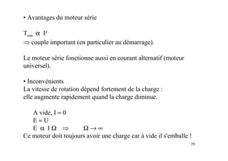 29
• Avantages du moteur série
Tem α I²
⇒ couple important (en particulier au démarrage).
Le moteur série fonctionne aussi en courant alternatif (moteur
universel).
• Inconvénients
La vitesse de rotation dépend fortement de la charge :
elle augmente rapidement quand la charge diminue.
A vide, I ≈ 0
E ≈ U
E α I Ω ⇒ Ω → ∞
Ce moteur doit toujours avoir une charge car à vide il s'emballe !
 