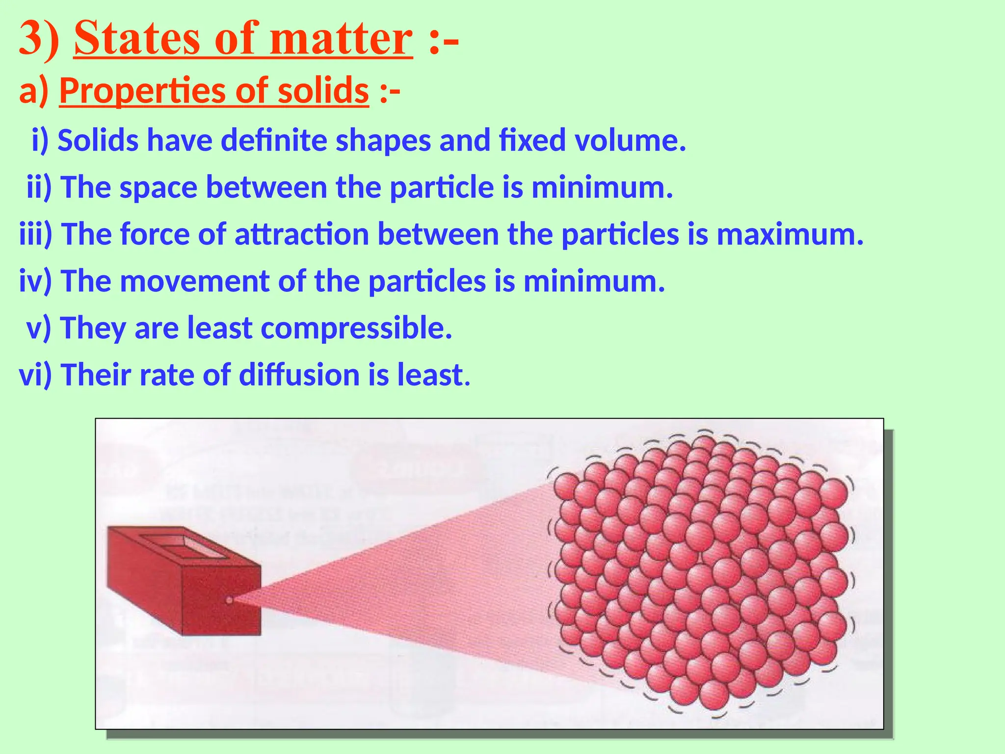 3) States of matter :-
a) Properties of solids :-
i) Solids have definite shapes and fixed volume.
ii) The space between the particle is minimum.
iii) The force of attraction between the particles is maximum.
iv) The movement of the particles is minimum.
v) They are least compressible.
vi) Their rate of diffusion is least.
 
