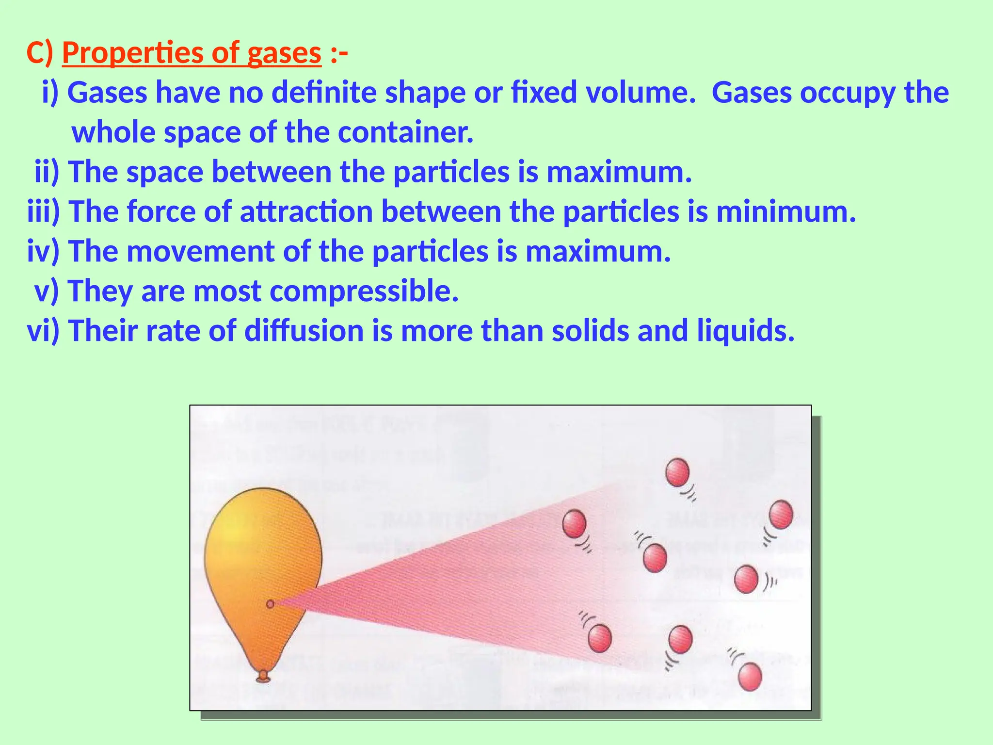 C) Properties of gases :-
i) Gases have no definite shape or fixed volume. Gases occupy the
whole space of the container.
ii) The space between the particles is maximum.
iii) The force of attraction between the particles is minimum.
iv) The movement of the particles is maximum.
v) They are most compressible.
vi) Their rate of diffusion is more than solids and liquids.
 