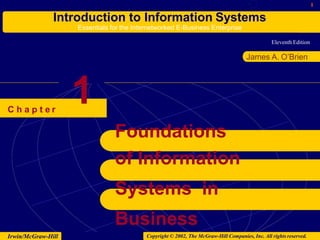1
Introduction to Information Systems
Essentials for the Internetworked E-Business Enterprise
C h a p t e r
Eleventh Edition
James A. O’Brien
1
Irwin/McGraw-Hill Copyright © 2002, The McGraw-Hill Companies, Inc. All rights reserved.
Foundations
of Information
Systems in
Business
 