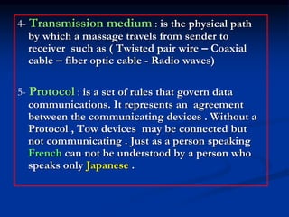 4- Transmission medium : is the physical path
by which a massage travels from sender to
receiver such as ( Twisted pair wire – Coaxial
cable – fiber optic cable - Radio waves)
5- Protocol : is a set of rules that govern data
communications. It represents an agreement
between the communicating devices . Without a
Protocol , Tow devices may be connected but
not communicating . Just as a person speaking
French can not be understood by a person who
speaks only Japanese .
 