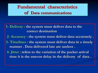 1- Delivery : the system must deliver data to the
correct destination
2- Accuracy : the system must deliver data accurately .
3- Timelines : the system must deliver data in a timely
manner . Data delivered late are useless .
4- Jitter : refers to the variation of the packet arrival
time it is the uneven delay in the delivery of data .
Fundamental characteristics
of Data communications
 