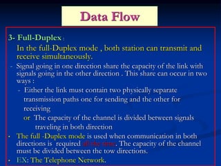 Data Flow
3- Full-Duplex :
In the full-Duplex mode , both station can transmit and
receive simultaneously.
- Signal going in one direction share the capacity of the link with
signals going in the other direction . This share can occur in two
ways :
- Either the link must contain two physically separate
transmission paths one for sending and the other for
receiving
or The capacity of the channel is divided between signals
traveling in both direction
• The full -Duplex mode is used when communication in both
directions is required all the time. The capacity of the channel
must be divided between the tow directions.
• EX: The Telephone Network.
 