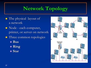 37
Network Topology
 The physical layout of
a network
 Node - each computer,
printer, or server on network
 Three common topologies
 Bus
 Ring
 Star
 