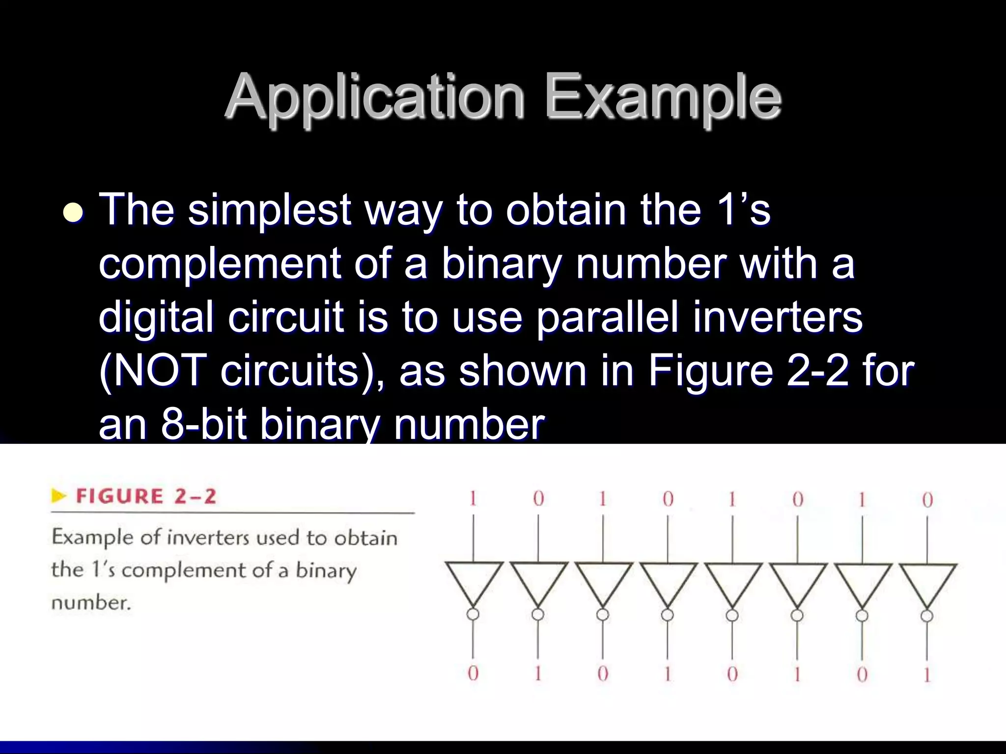 Application Example
 The simplest way to obtain the 1’s
complement of a binary number with a
digital circuit is to use parallel inverters
(NOT circuits), as shown in Figure 2-2 for
an 8-bit binary number
 