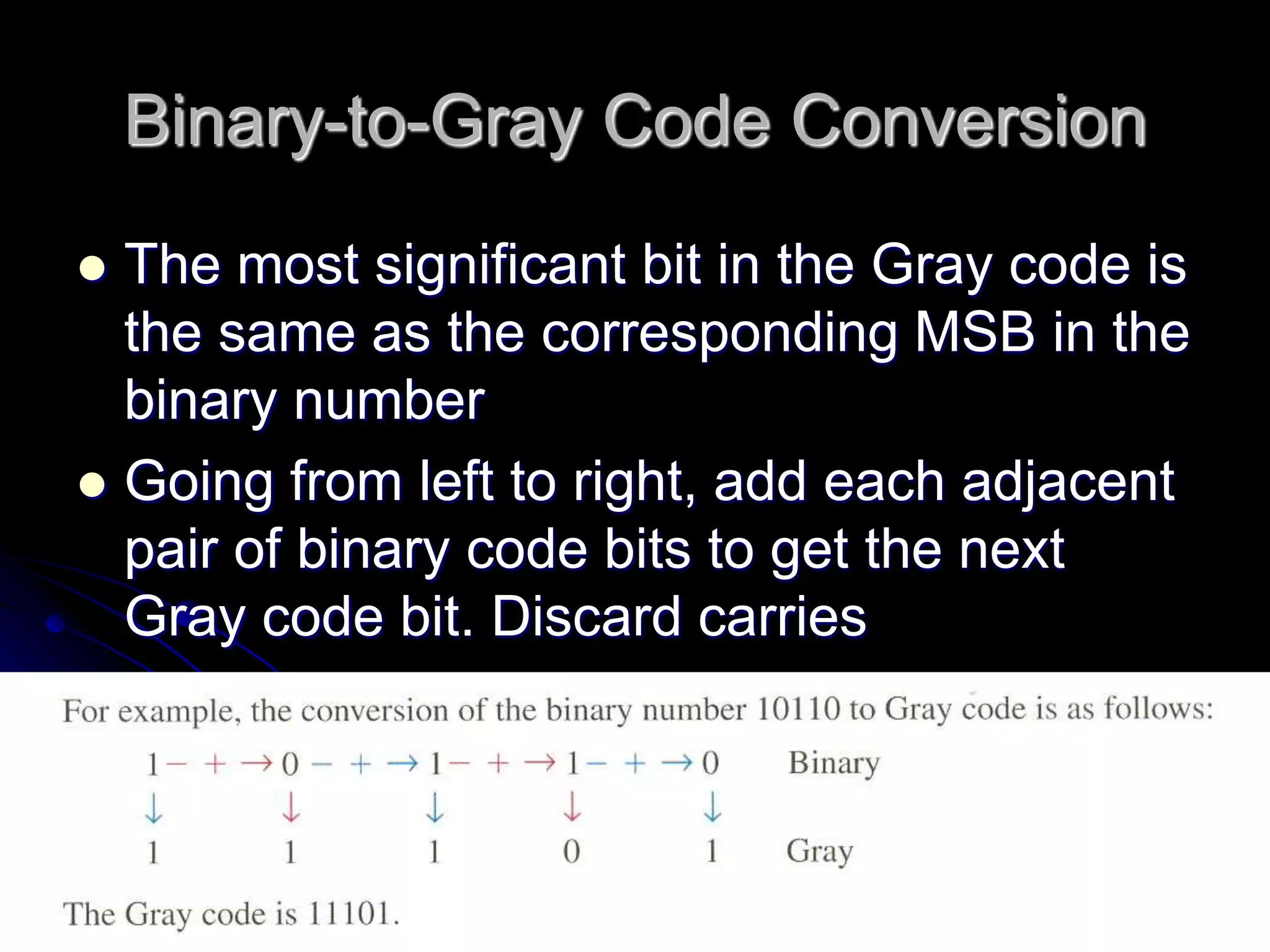 Binary-to-Gray Code Conversion
 The most significant bit in the Gray code is
the same as the corresponding MSB in the
binary number
 Going from left to right, add each adjacent
pair of binary code bits to get the next
Gray code bit. Discard carries
 
