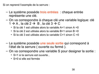 Si on reprend l’exemple de la serrure :

– Le système possède trois entrées : chaque entrée
représente une clé.
– On va correspondre à chaque clé une variable logique: clé
1  A , la clé 2  B , la clé 3  C
• Si la clé 1 est utilisée alors la variable A=1 sinon A =0
• Si la clé 2 est utilisée alors la variable B=1 sinon B =0
• Si la clé 3 est utilisée alors la variable C=1 sinon C =0

– Le système possède une seule sortie qui correspond à
l’état de la serrure ( ouverte ou fermé ).
– On va correspondre une variable S pour designer la sortie :
• S=1 si la serrure est ouverte ,
• S=0 si elle est fermée

38

 