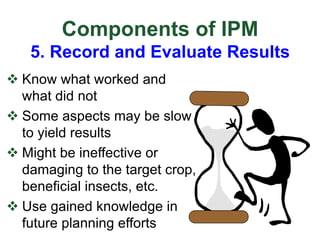 Components of IPM
5. Record and Evaluate Results
v Know what worked and
what did not
v Some aspects may be slow
to yield results
v Might be ineffective or
damaging to the target crop,
beneficial insects, etc.
v Use gained knowledge in
future planning efforts
 