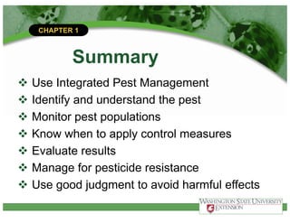 CHAPTER 1
Summary
v Use Integrated Pest Management
v Identify and understand the pest
v Monitor pest populations
v Know when to apply control measures
v Evaluate results
v Manage for pesticide resistance
v Use good judgment to avoid harmful effects
 