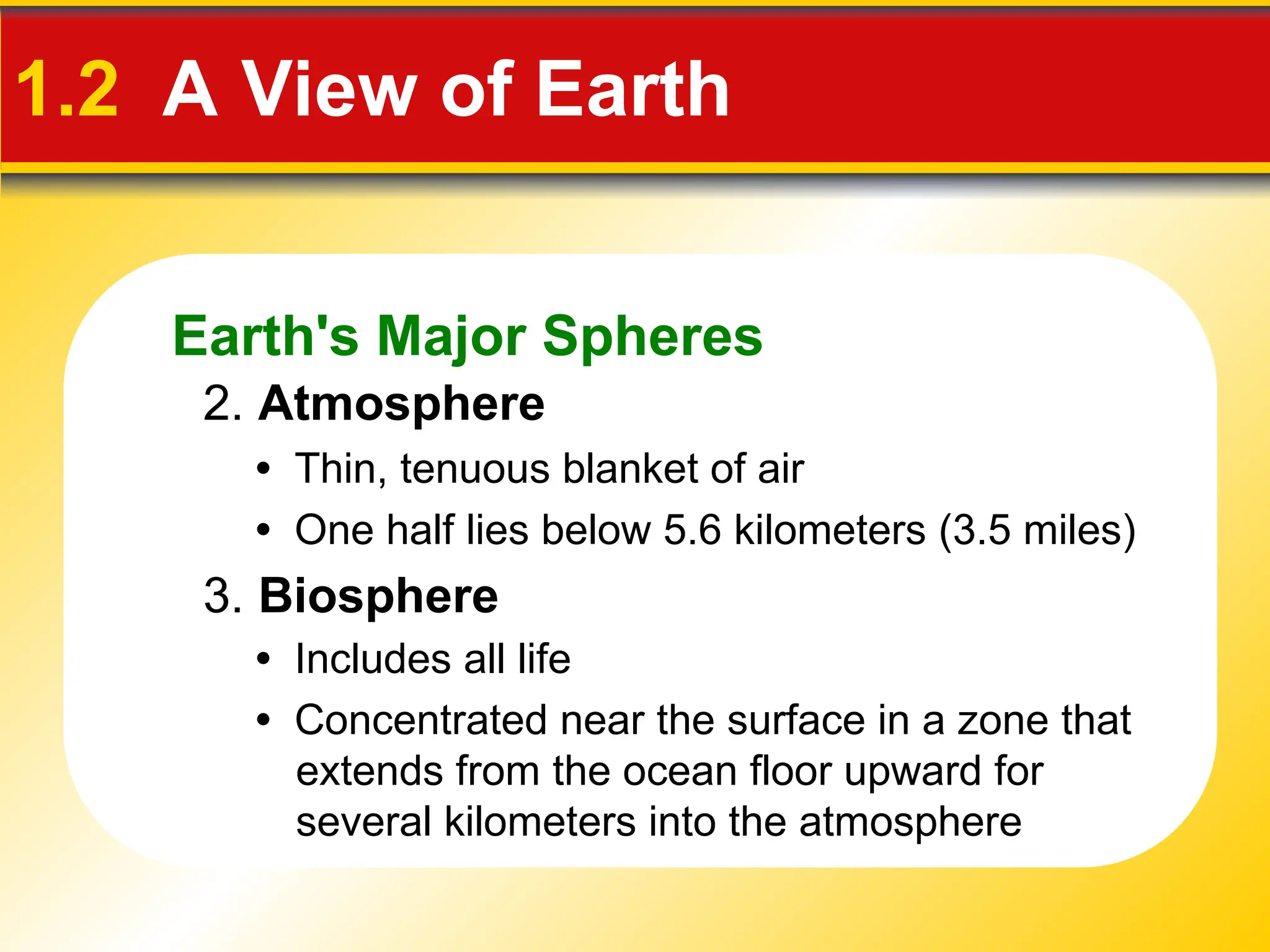 Earth's Major Spheres
1.2 A View of Earth
2. Atmosphere
• Thin, tenuous blanket of air
• One half lies below 5.6 kilometers (3.5 miles)
3. Biosphere
• Includes all life
• Concentrated near the surface in a zone that
extends from the ocean floor upward for
several kilometers into the atmosphere
 