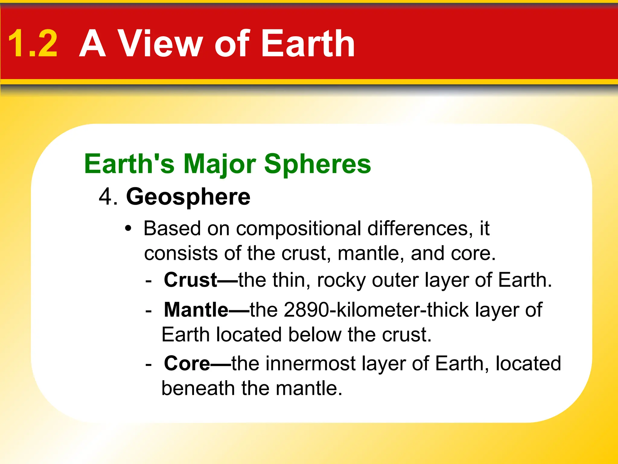 Earth's Major Spheres
1.2 A View of Earth
4. Geosphere
• Based on compositional differences, it
consists of the crust, mantle, and core.
- Crust—the thin, rocky outer layer of Earth.
- Mantle—the 2890-kilometer-thick layer of
Earth located below the crust.
- Core—the innermost layer of Earth, located
beneath the mantle.
 