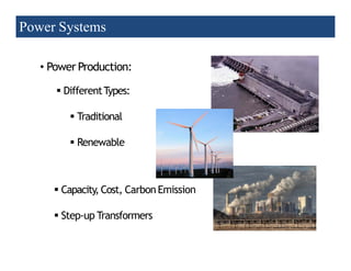 Power Systems
• Power Production:
 DifferentTypes:
 Traditional
Renewable
 Renewable
 Capacity, Cost, Carbon Emission
 Step‐up Transformers
Texas Tech University 11
2/20/2023
 
