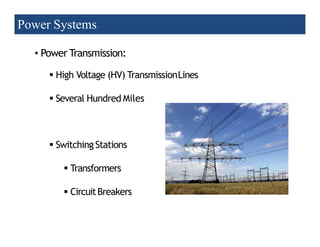 Power Systems
• Power Transmission:
 High Voltage (HV) TransmissionLines
 Several Hundred Miles
 Switching Stations
 Transformers
 CircuitBreakers
12
2/20/2023
 