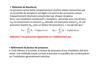 • Théorème de Boucherot.
La puissance active totale (respectivement réactive totale) consommée par
un ensemble de récepteurs est égale à la somme des puissances actives
(respectivement réactives) consommées par chaque récepteur.
Ainsi, une installation comportant n récepteurs, alimentée sous une tension
UEff et consommant un courant IEff, absorbe une puissance active PTot et une
puissance réactive QTot avec un facteur de puissance fP = cos (ϕ) tels que :
Attention ! Les puissances apparentes ne s’additionnent pas.
• Relèvement du facteur de puissance.
S ’il est inférieur à la norme, le facteur de puissance d’une installation doit être
relevé. Une méthode simple consiste à brancher en parallèle des condensateurs
sur l’installation généralement inductive.
 