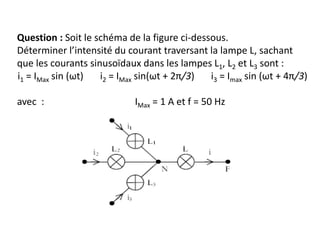 Question : Soit le schéma de la figure ci-dessous.
Déterminer l’intensité du courant traversant la lampe L, sachant
que les courants sinusoïdaux dans les lampes L1, L2 et L3 sont :
i1 = IMax sin (ωt) i2 = IMax sin(ωt + 2π/3) i3 = Imax sin (ωt + 4π/3)
avec : IMax = 1 A et f = 50 Hz
 