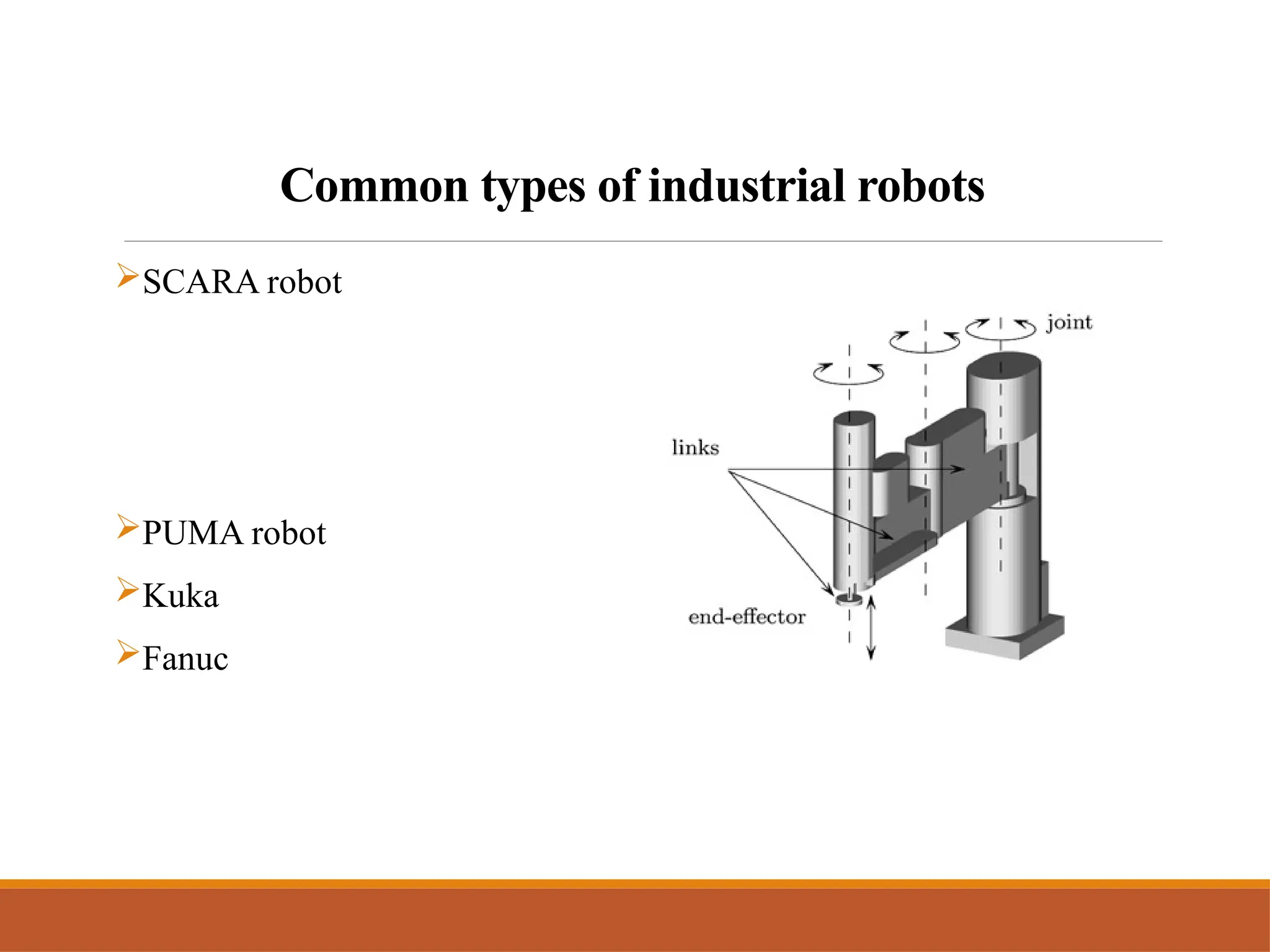 Common types of industrial robots
SCARA robot
PUMA robot
Kuka
Fanuc
 