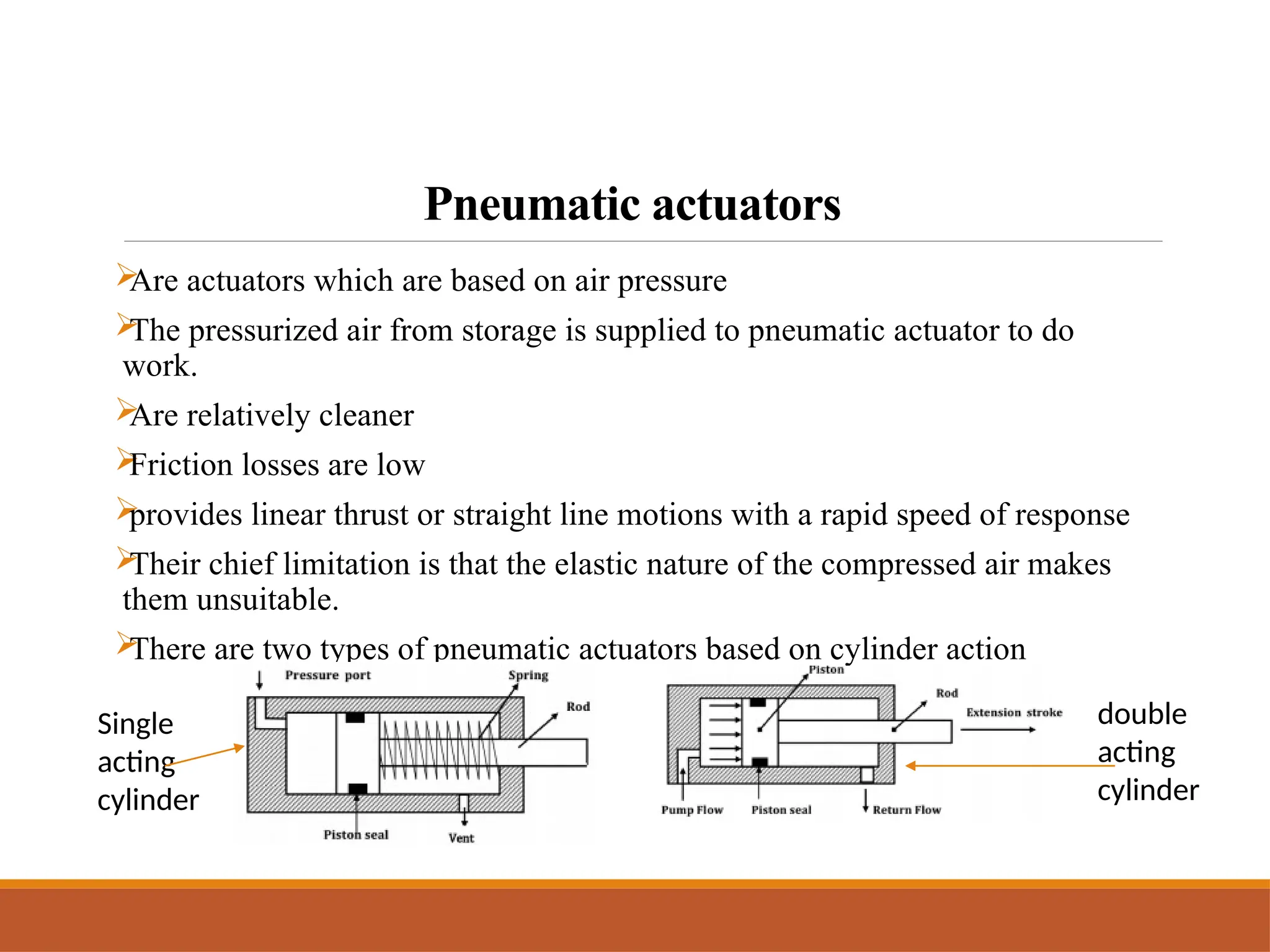 Pneumatic actuators

Are actuators which are based on air pressure

The pressurized air from storage is supplied to pneumatic actuator to do
work.

Are relatively cleaner

Friction losses are low

provides linear thrust or straight line motions with a rapid speed of response

Their chief limitation is that the elastic nature of the compressed air makes
them unsuitable.

There are two types of pneumatic actuators based on cylinder action
Single
acting
cylinder
double
acting
cylinder
 