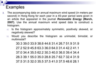 Examples
3. The accompanying data on annual maximum wind speed (in meters per
second) in Hong Kong for each year in a 45-year period were given in
an article that appeared in the journal Renewable Energy (March,
2007). Use the annual maximum wind speed data to construct a
histogram.
a) Is the histogram approximately symmetric, positively skewed, or
negatively skewed?
b) Would you describe the histogram as unimodal, bimodal, or
multimodal?
30.3 39.0 33.9 38.6 44.6 31.4 26.7 51.9 31.9
27.2 52.9 45.8 63.3 36.0 64.0 31.4 42.2 41.1
37.0 34.4 35.5 62.2 30.3 40.0 36.0 39.4 34.4
28.3 39.1 55.0 35.0 28.8 25.7 62.7 32.4 31.9
37.5 31.5 32.0 35.5 37.5 41.0 37.5 48.6 28.1
 