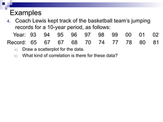 Examples
4. Coach Lewis kept track of the basketball team’s jumping
records for a 10-year period, as follows:
Year: 93 94 95 96 97 98 99 00 01 02
Record: 65 67 67 68 70 74 77 78 80 81
a) Draw a scatterplot for the data.
b) What kind of correlation is there for these data?
 