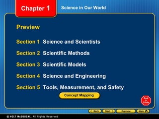 Science in Our World Preview Section 1  Science and Scientists Section 2  Scientific Methods Section 3  Scientific Models Section 4  Science and Engineering Section 5  Tools, Measurement, and Safety Concept Mapping 