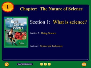 Chapter:  The Nature of Science Section 3:  Science and Technology Section 1:  What is science? Section 2:  Doing Science 1 