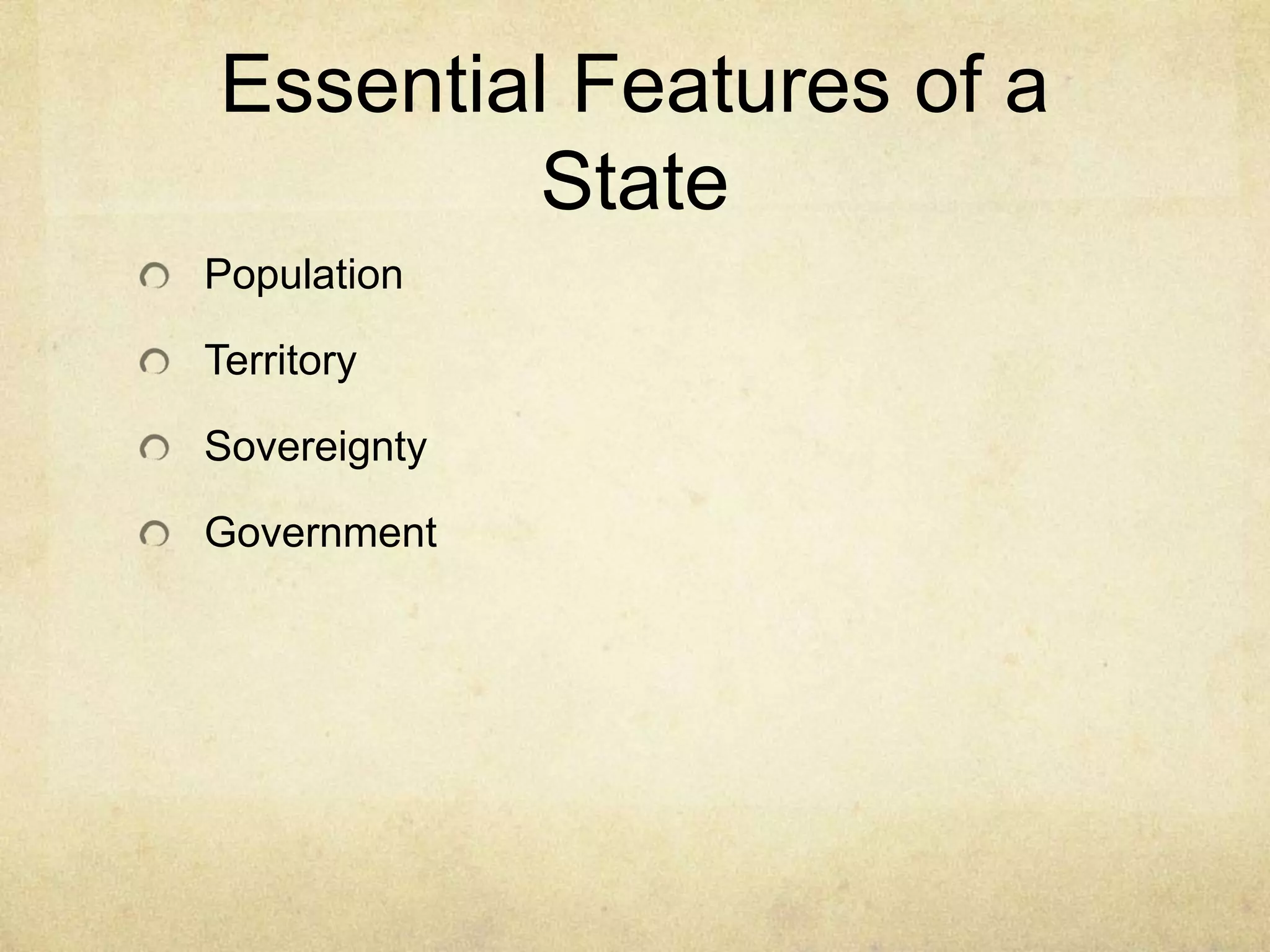 Essential Features of a
         State
Population

Territory

Sovereignty

Government
 