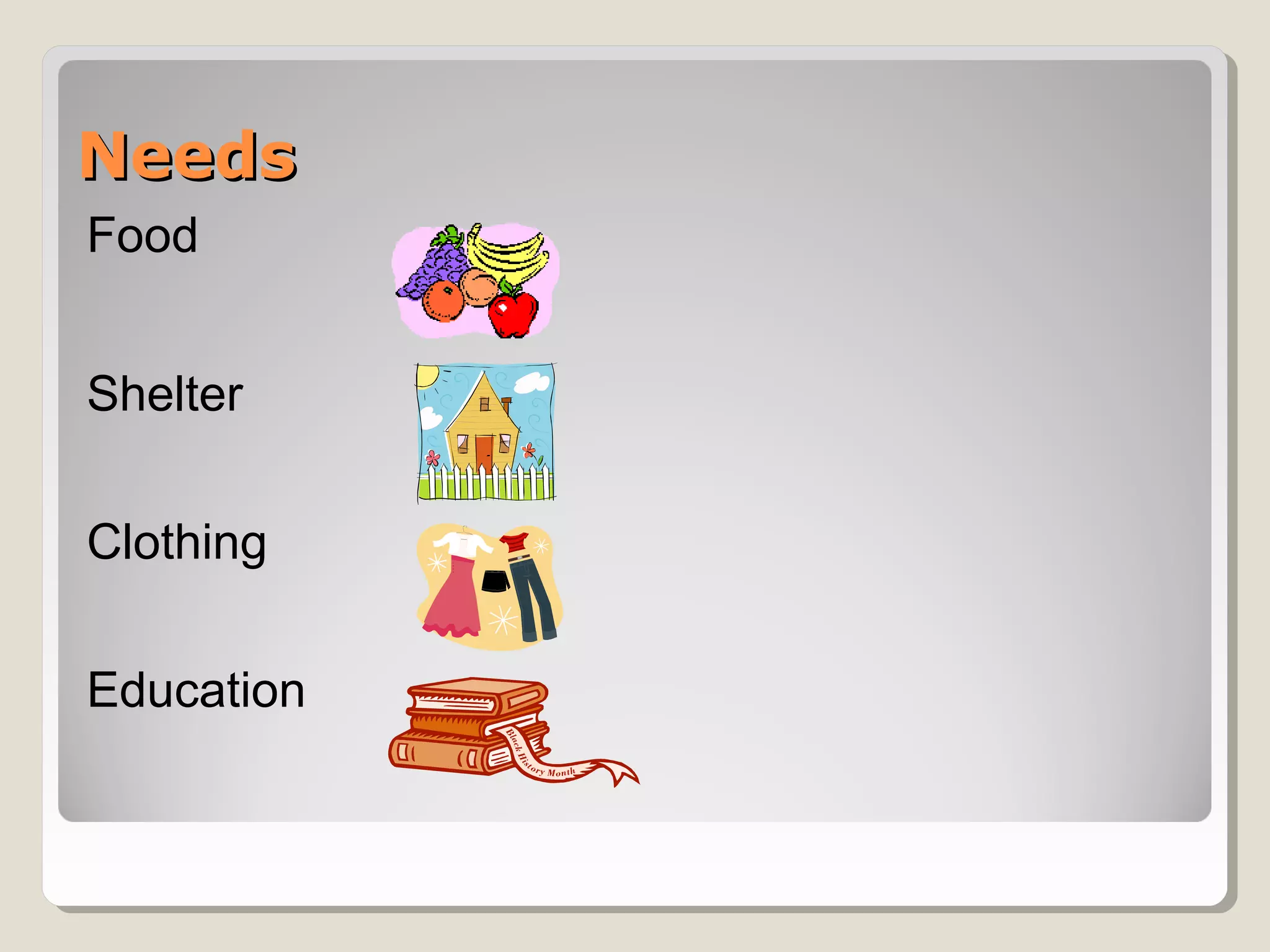 NNeeeeddss 
Food 
Shelter 
Clothing 
Education 
 