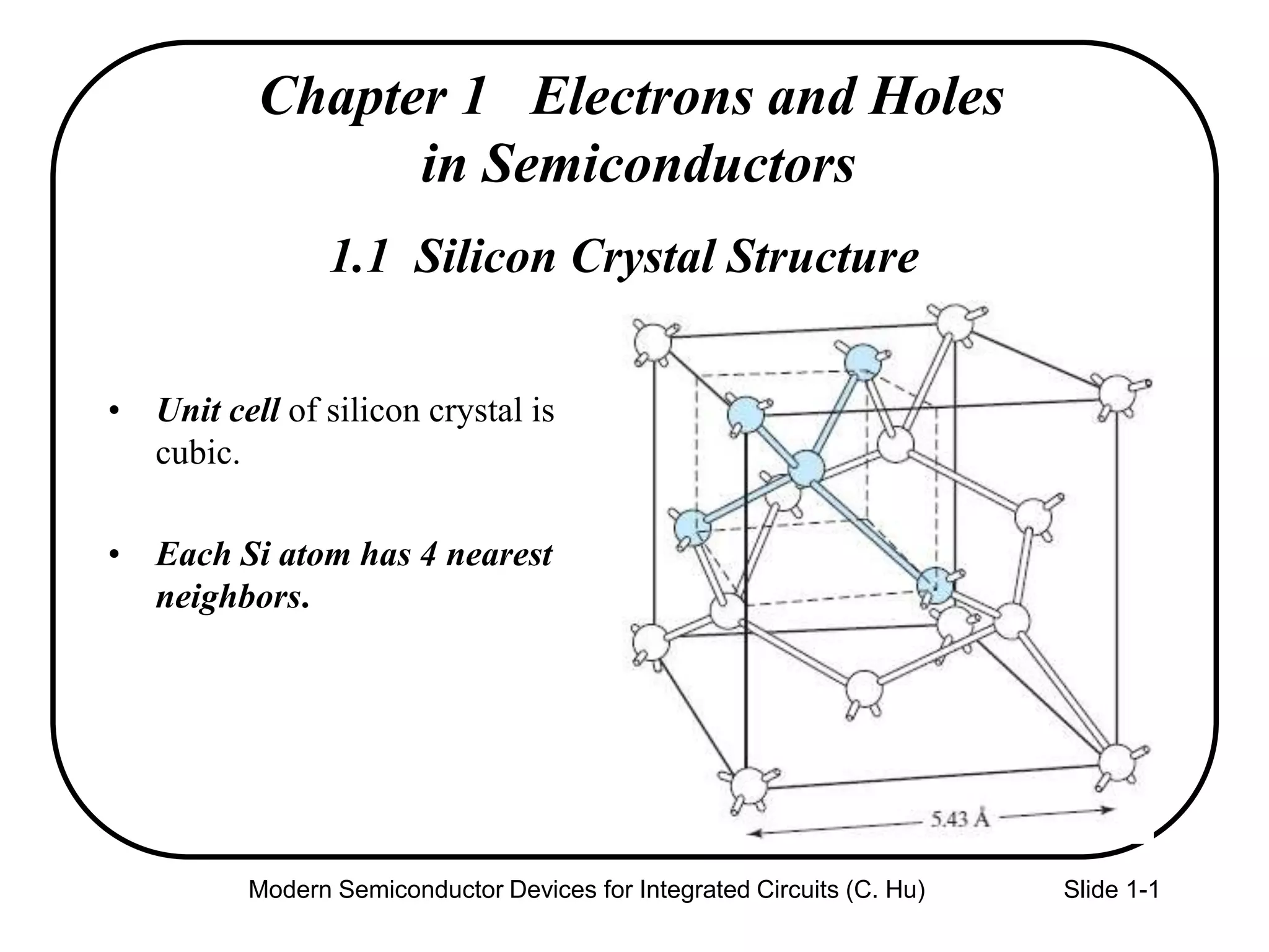 Modern Semiconductor Devices for Integrated Circuits (C. Hu) Slide 1-1
1.1 Silicon Crystal Structure
• Unit cell of silicon crystal is
cubic.
• Each Si atom has 4 nearest
neighbors.
Chapter 1 Electrons and Holes
in Semiconductors
 