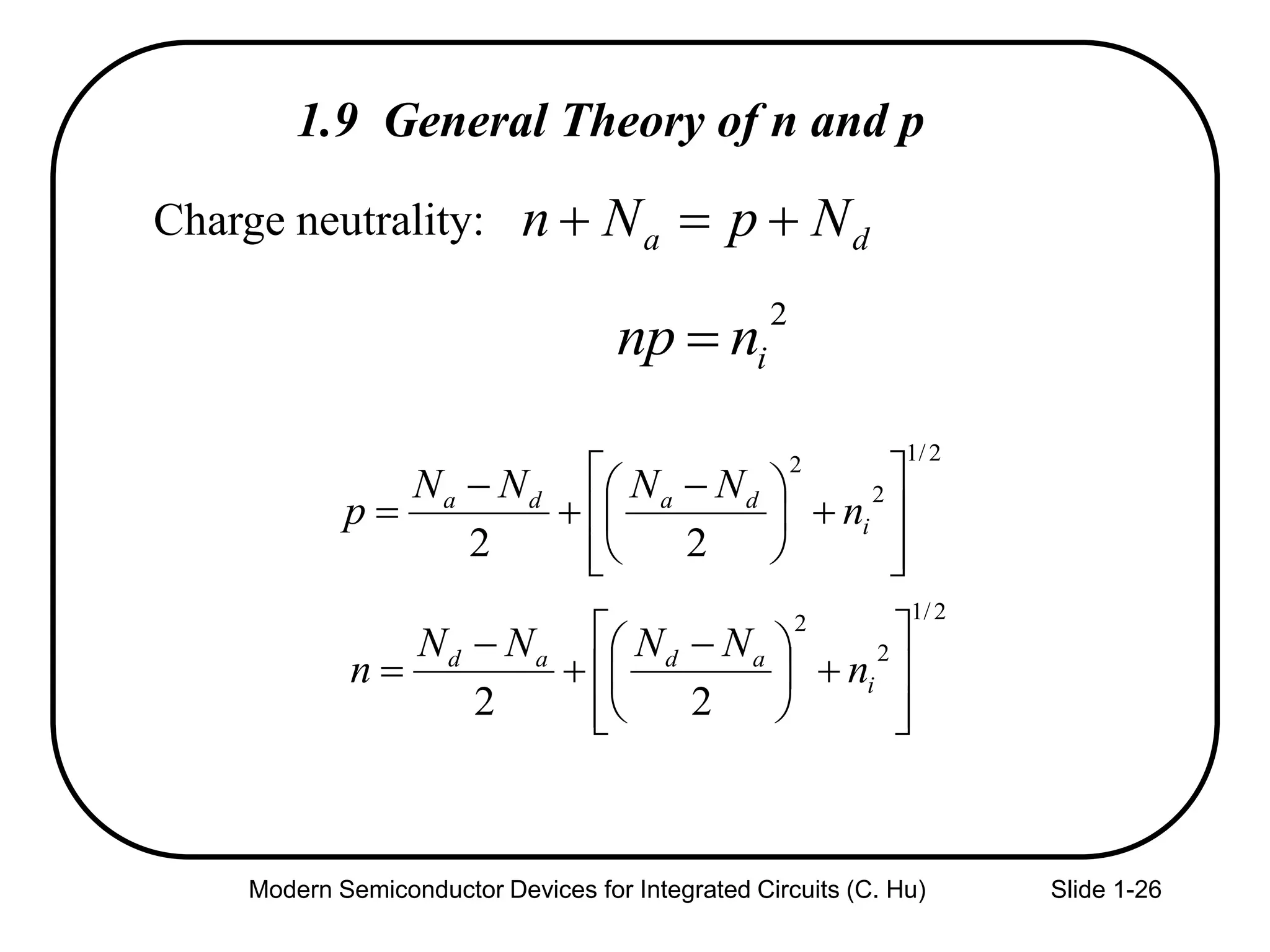 Modern Semiconductor Devices for Integrated Circuits (C. Hu) Slide 1-26
2
innp 
da NpNn Charge neutrality:
2/1
2
2
22 












 


 i
dada
n
NNNN
p
2/1
2
2
22 












 


 i
adad
n
NNNN
n
1.9 General Theory of n and p
 