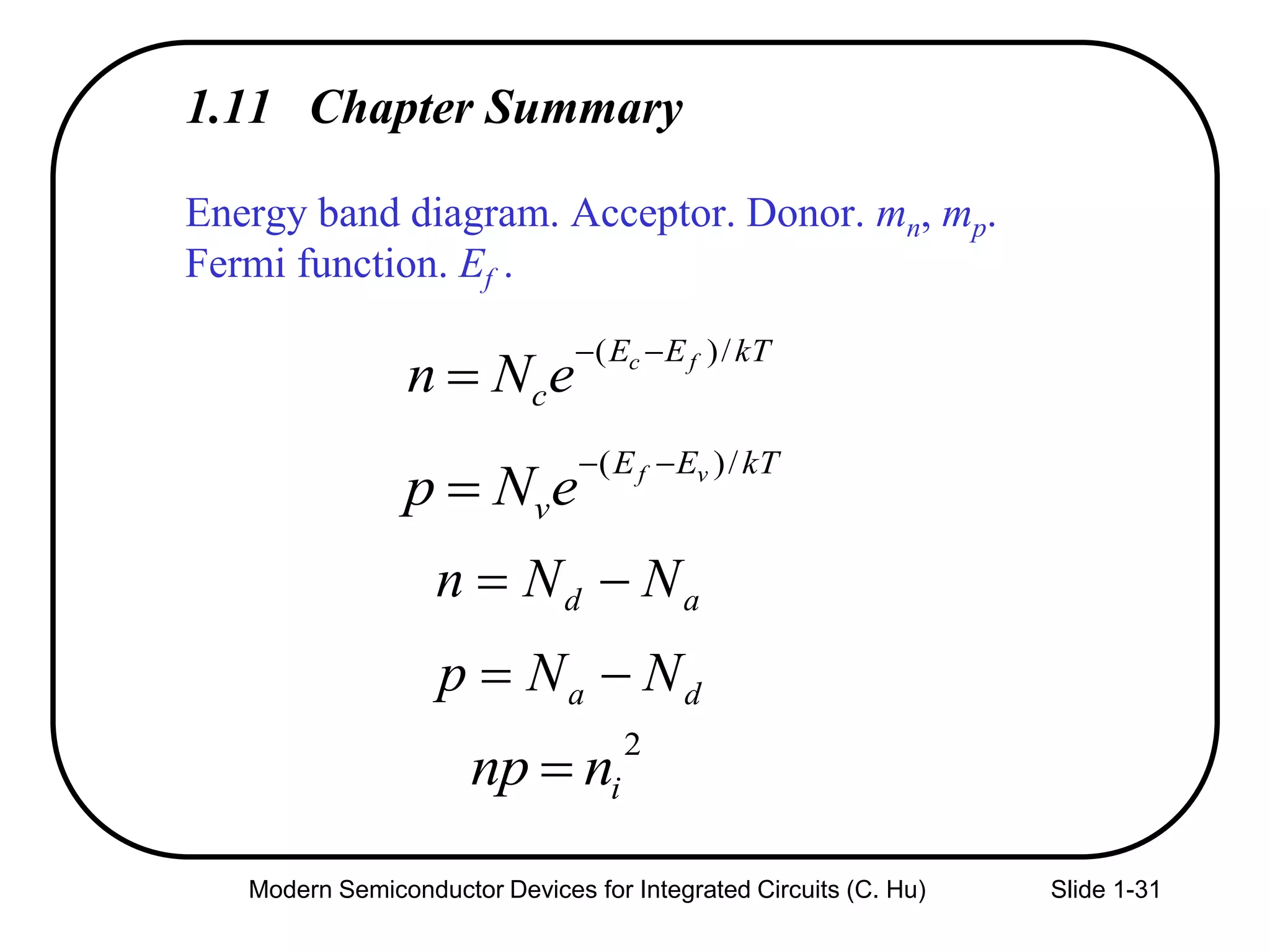 Modern Semiconductor Devices for Integrated Circuits (C. Hu) Slide 1-31
1.11 Chapter Summary
Energy band diagram. Acceptor. Donor. mn, mp.
Fermi function. Ef .
kTEE
c
fc
eNn
/)( 

kTEE
v
vf
eNp
/)( 

ad NNn 
da NNp 
2
innp 
 