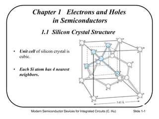 Modern Semiconductor Devices for Integrated Circuits (C. Hu) Slide 1-1
1.1 Silicon Crystal Structure
• Unit cell of silicon crystal is
cubic.
• Each Si atom has 4 nearest
neighbors.
Chapter 1 Electrons and Holes
in Semiconductors
 