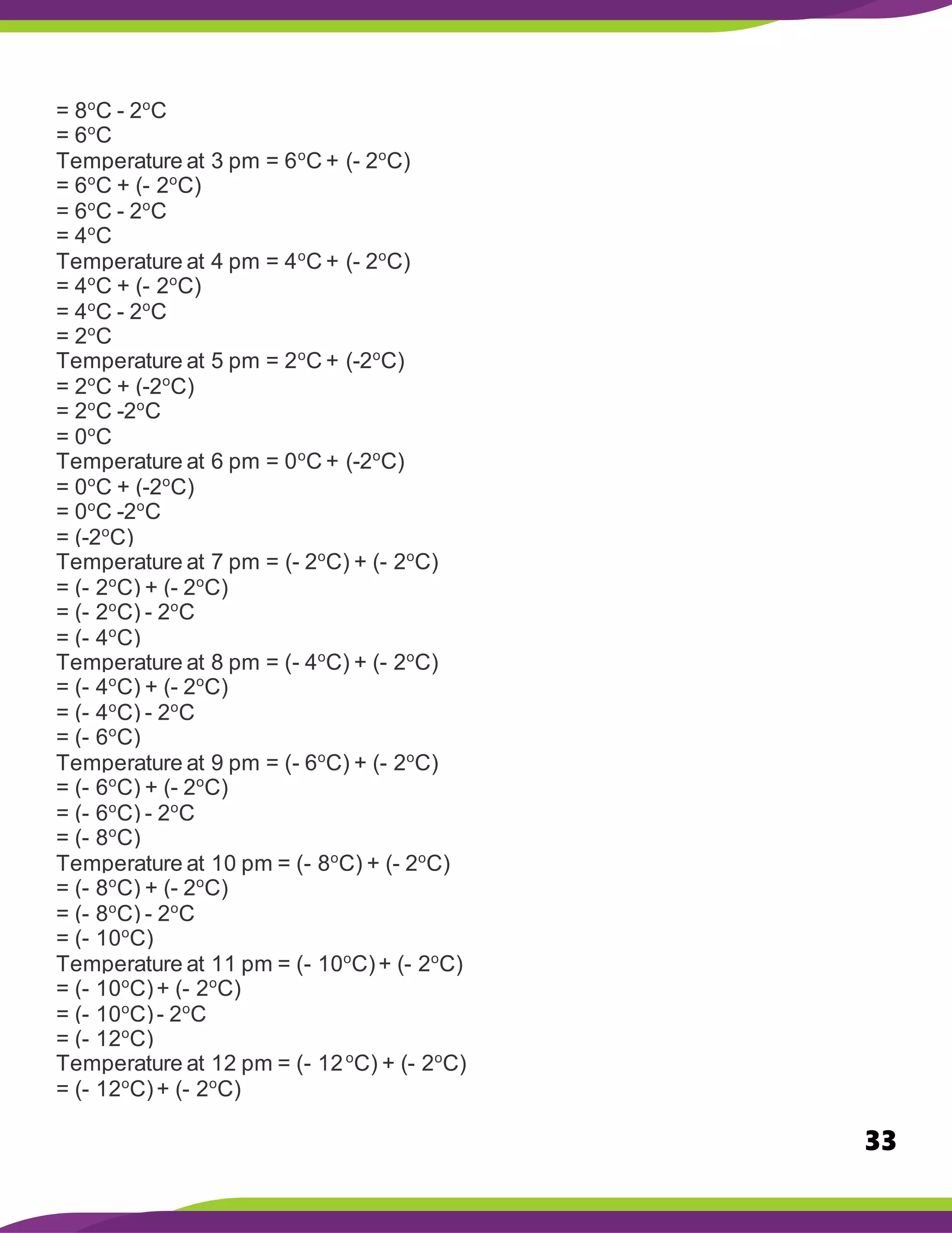 33
= 8o
C - 2o
C
= 6o
C
Temperature at 3 pm = 6o
C + (- 2o
C)
= 6o
C + (- 2o
C)
= 6o
C - 2o
C
= 4o
C
Temperature at 4 pm = 4o
C + (- 2o
C)
= 4o
C + (- 2o
C)
= 4o
C - 2o
C
= 2o
C
Temperature at 5 pm = 2o
C + (-2o
C)
= 2o
C + (-2o
C)
= 2o
C -2o
C
= 0o
C
Temperature at 6 pm = 0o
C + (-2o
C)
= 0o
C + (-2o
C)
= 0o
C -2o
C
= (-2o
C)
Temperature at 7 pm = (- 2o
C) + (- 2o
C)
= (- 2o
C) + (- 2o
C)
= (- 2o
C) - 2o
C
= (- 4o
C)
Temperature at 8 pm = (- 4o
C) + (- 2o
C)
= (- 4o
C) + (- 2o
C)
= (- 4o
C) - 2o
C
= (- 6o
C)
Temperature at 9 pm = (- 6o
C) + (- 2o
C)
= (- 6o
C) + (- 2o
C)
= (- 6o
C) - 2o
C
= (- 8o
C)
Temperature at 10 pm = (- 8o
C) + (- 2o
C)
= (- 8o
C) + (- 2o
C)
= (- 8o
C) - 2o
C
= (- 10o
C)
Temperature at 11 pm = (- 10o
C)+ (- 2o
C)
= (- 10o
C)+ (- 2o
C)
= (- 10o
C)- 2o
C
= (- 12o
C)
Temperature at 12 pm = (- 12o
C) + (- 2o
C)
= (- 12o
C)+ (- 2o
C)
 