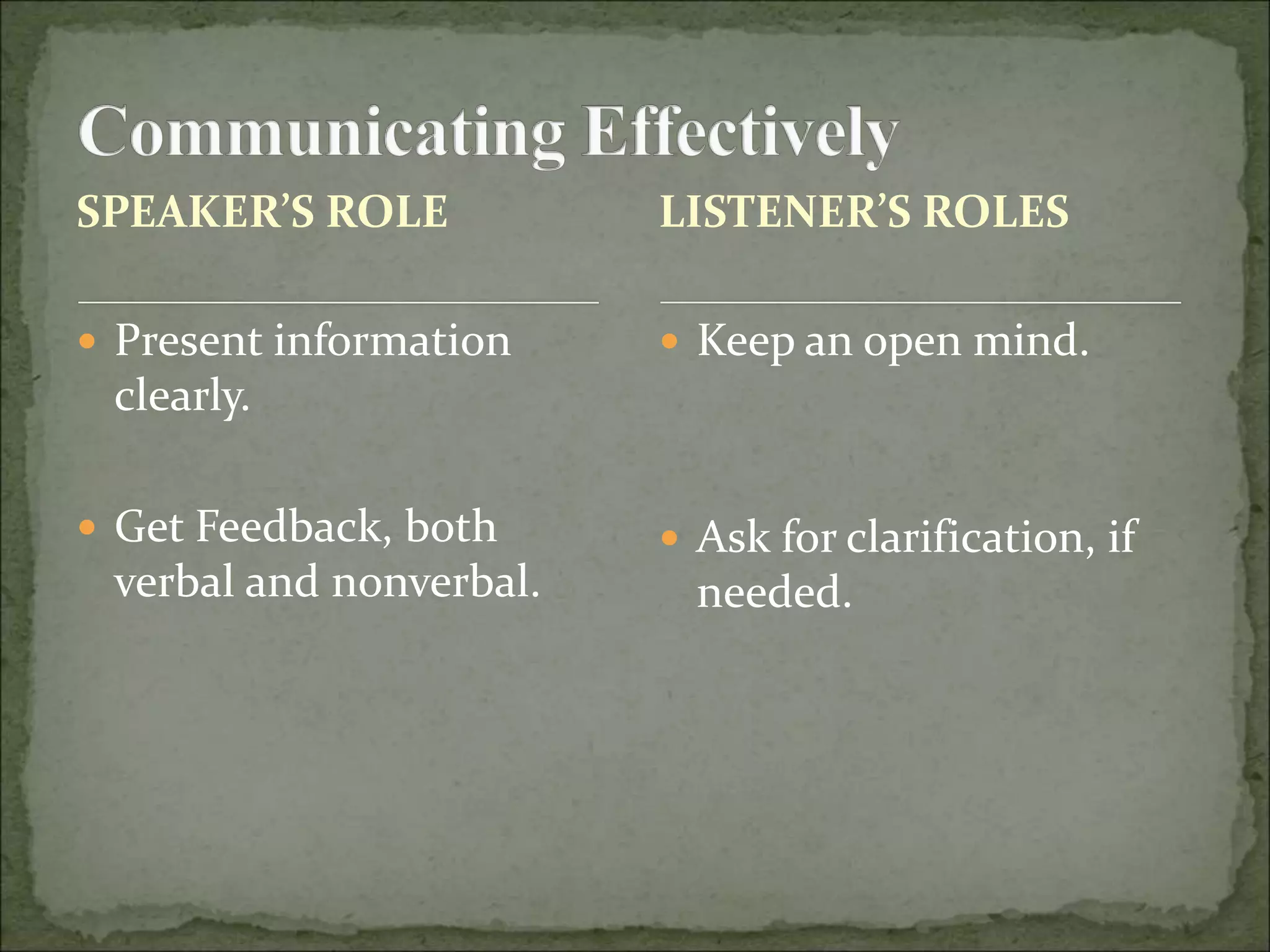 SPEAKER’S ROLE
 Present information
clearly.
 Get Feedback, both
verbal and nonverbal.
 Keep an open mind.
 Ask for clarification, if
needed.
LISTENER’S ROLES
 